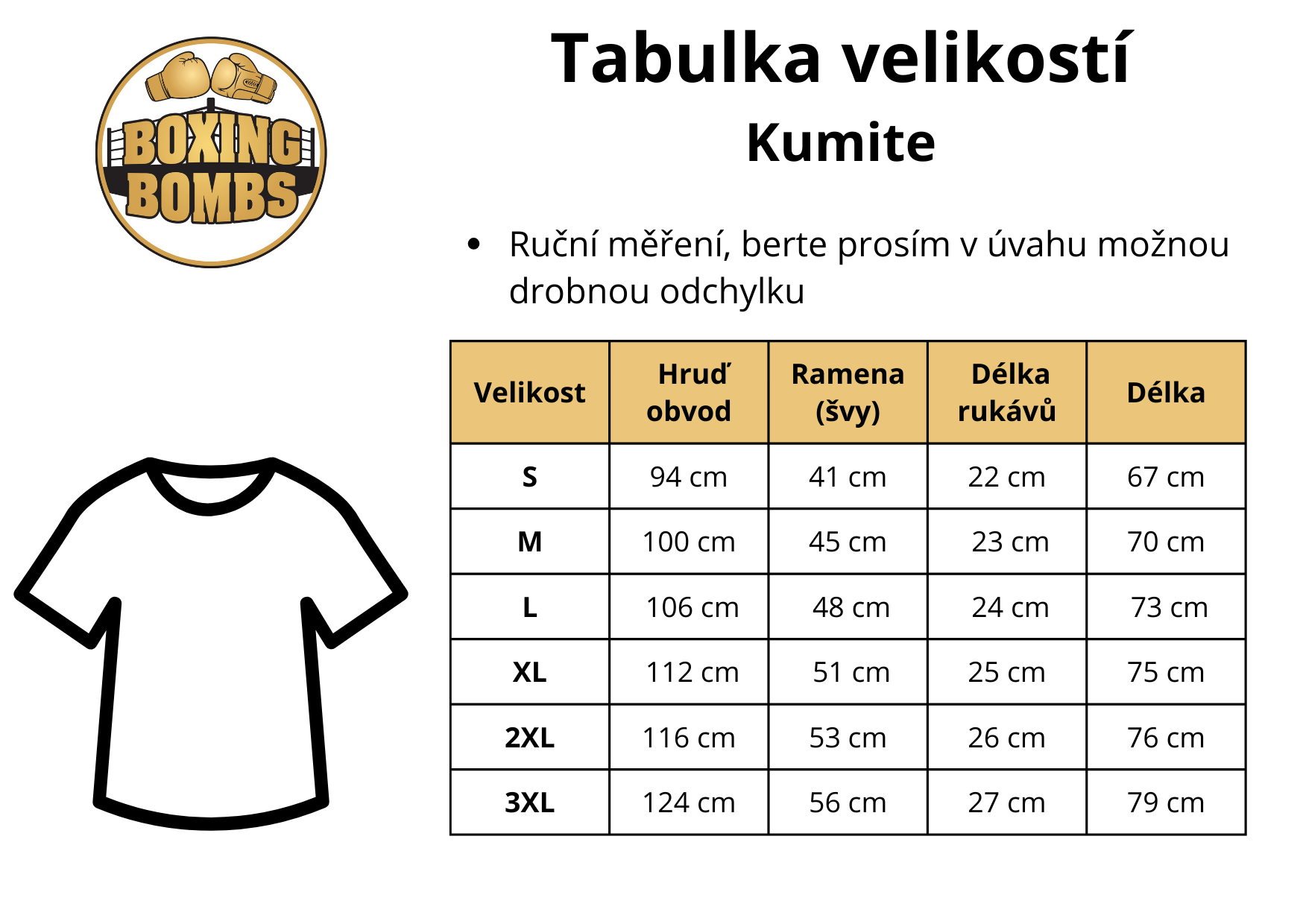 tabulky velikostí Kumite Triko